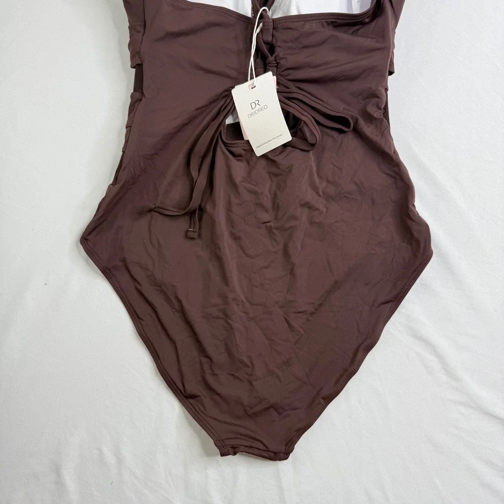 Dridreo Womens Brown Mesh Panel Twist Front One Piece Swimsuit NWT